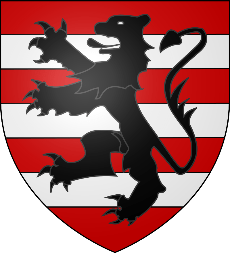 blason du village, un lion noir sur bandes rouges et blanches